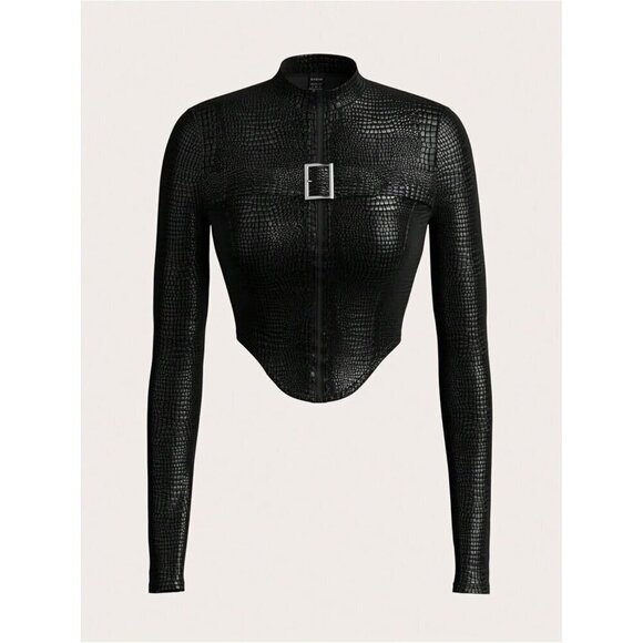 Milumia Women's Textured Zip Front Mock Neck Buckle Decor Leather Crop Jackets - Picture 5 of 6